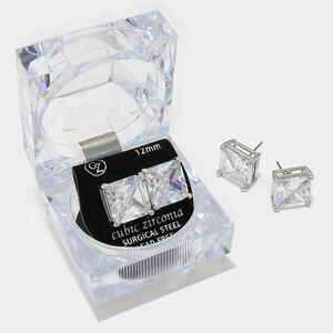 12mm Square Clear Cubic Zirconia Surgical Steel Stud Earrings NWT IN Gift Box